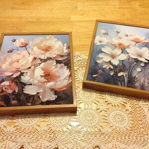Lovely florals in faux wood frames, pinks to lite peach tones, blue backgrounds
